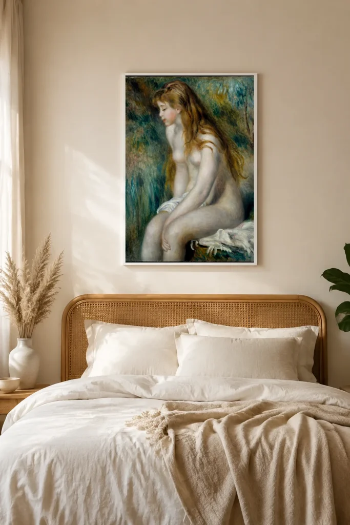 Framed print of Young Girl Bathing hanging on a wall in a furnished room