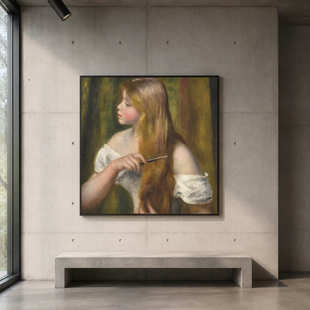 Framed print of Young Girl Combing Her Hair hanging on a wall in a furnished room