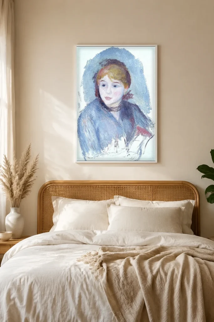 Framed print of Young Girl in Blue hanging on a wall in a furnished room