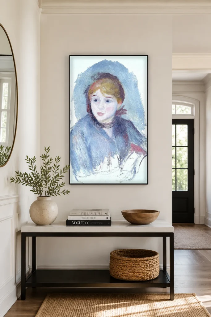 Framed print of Young Girl in Blue hanging on a wall in a furnished room