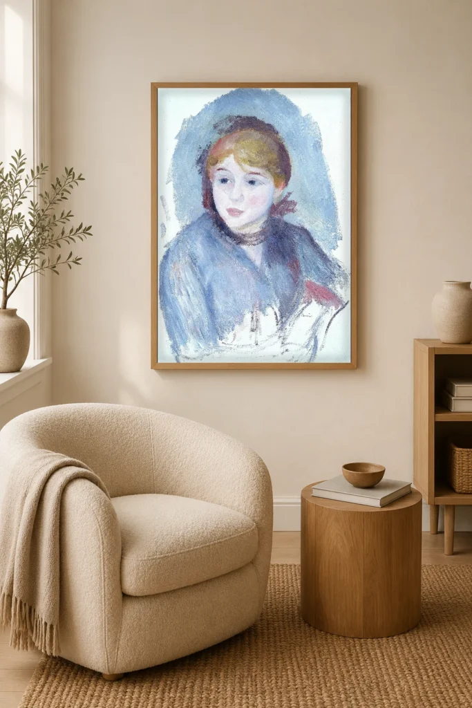 Framed print of Young Girl in Blue hanging on a wall in a furnished room