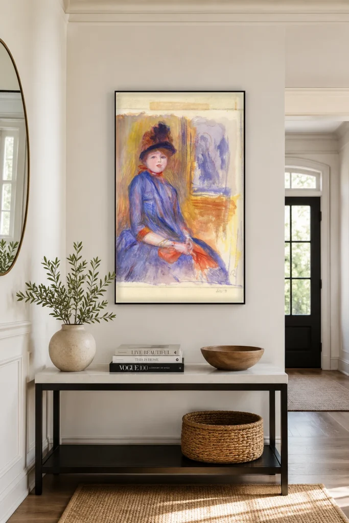 Framed print of Young Girl in a Blue Dress hanging on a wall in a furnished room