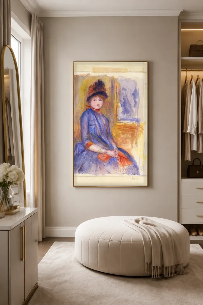 Framed print of Young Girl in a Blue Dress hanging on a wall in a furnished room