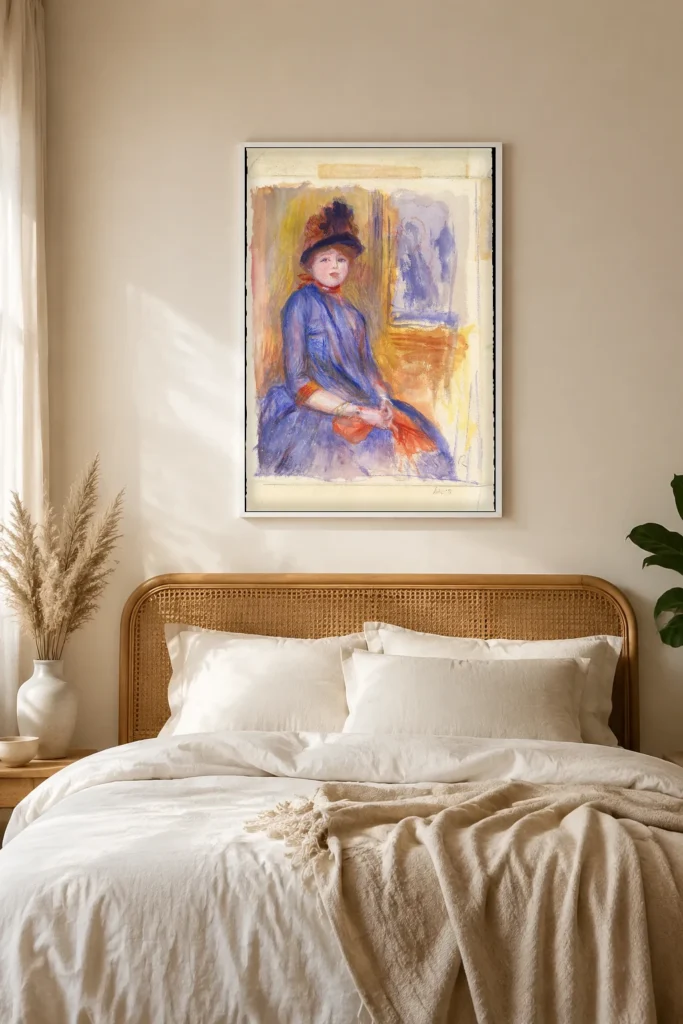 Framed print of Young Girl in a Blue Dress hanging on a wall in a furnished room