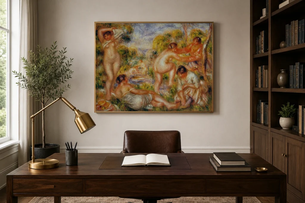 Framed print of Bathing Group hanging on a wall in a furnished room