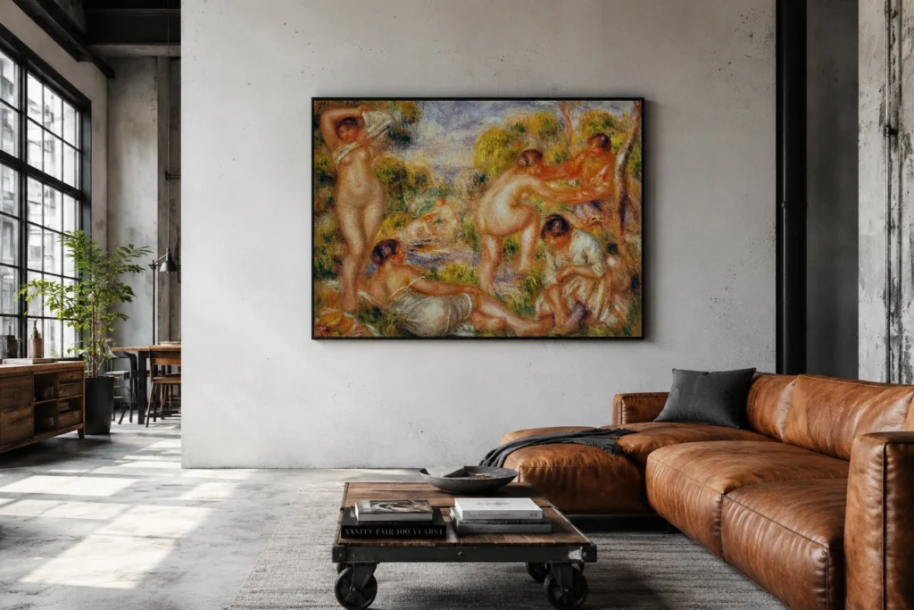 Framed print of Bathing Group hanging on a wall in a furnished room