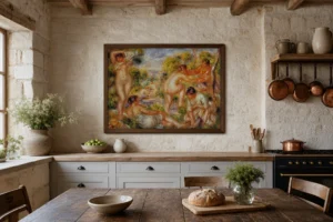 Framed print of Bathing Group hanging on a wall in a furnished room