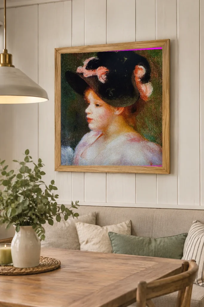 Framed print of Young Girl in a Pink-and-Black Hat hanging on a wall in a furnished room