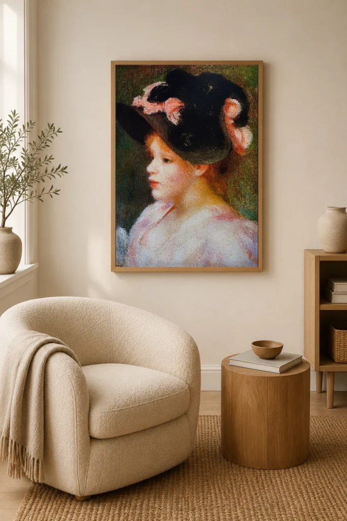 Framed print of Young Girl in a Pink-and-Black Hat hanging on a wall in a furnished room