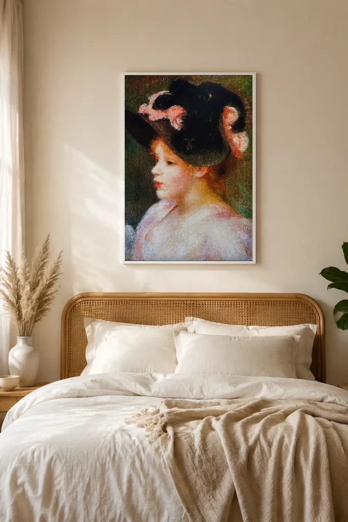 Framed print of Young Girl in a Pink-and-Black Hat hanging on a wall in a furnished room