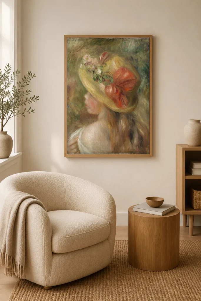 Framed print of Young Girl with Hat (Jeune fille au chapeau) hanging on a wall in a furnished room