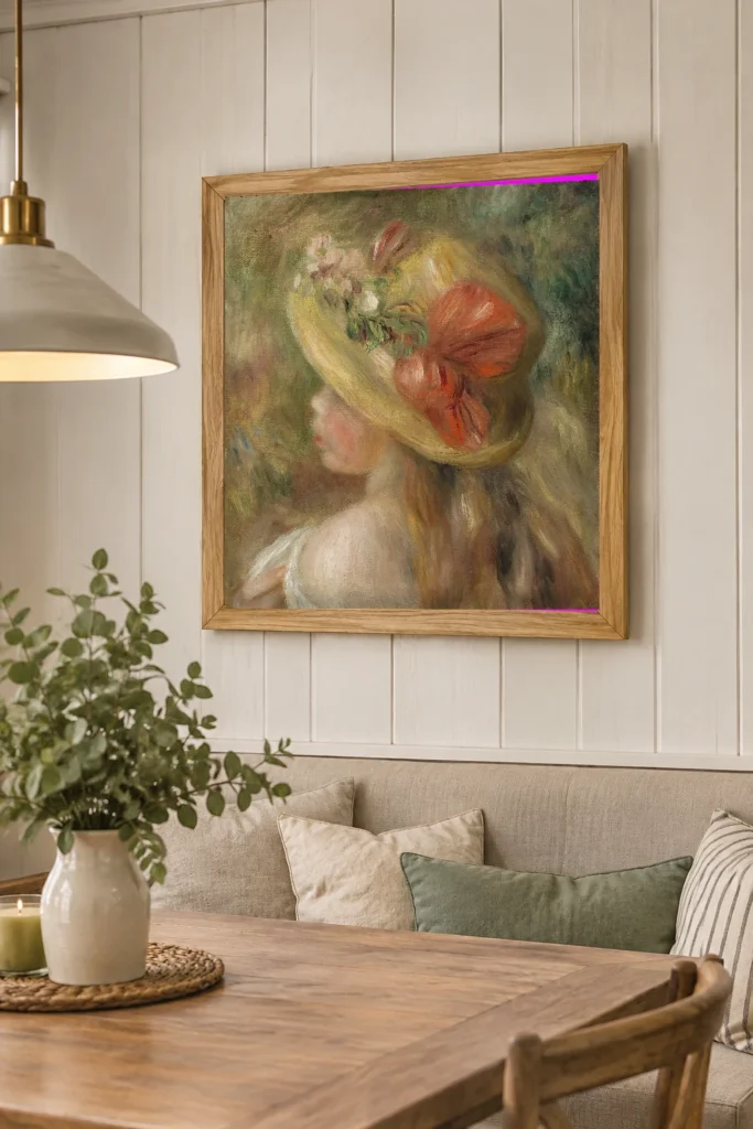 Framed print of Young Girl with Hat (Jeune fille au chapeau) hanging on a wall in a furnished room