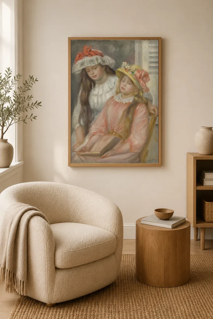 Framed print of Young Girls Looking at an Album hanging on a wall in a furnished room