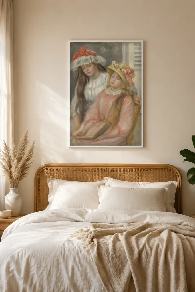 Framed print of Young Girls Looking at an Album hanging on a wall in a furnished room