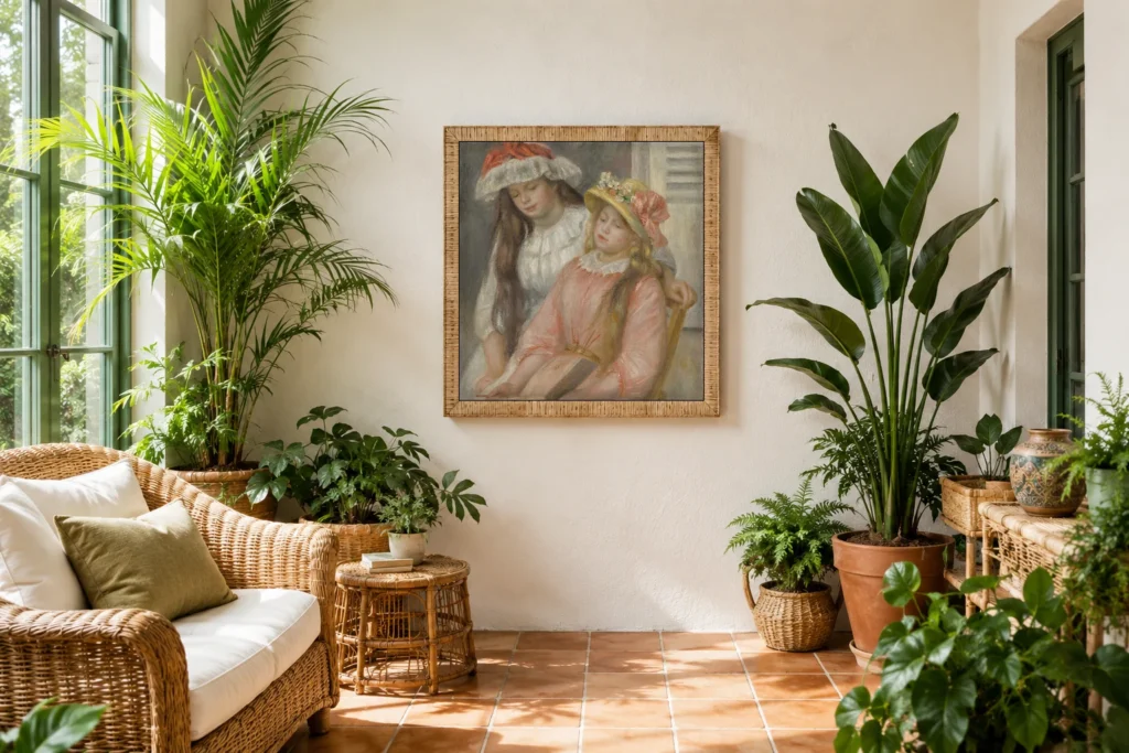 Framed print of Young Girls Looking at an Album hanging on a wall in a furnished room