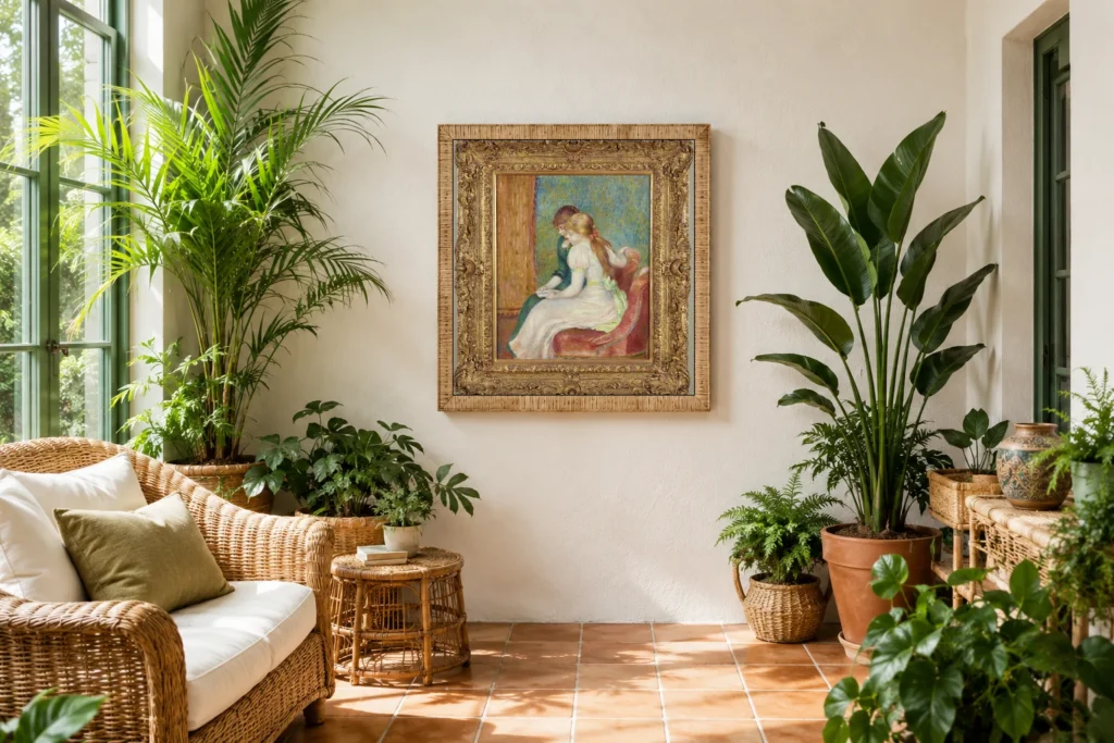 Framed print of Young Girls Reading hanging on a wall in a furnished room