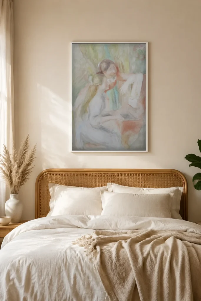 Framed print of Young Girls at the Piano hanging on a wall in a furnished room