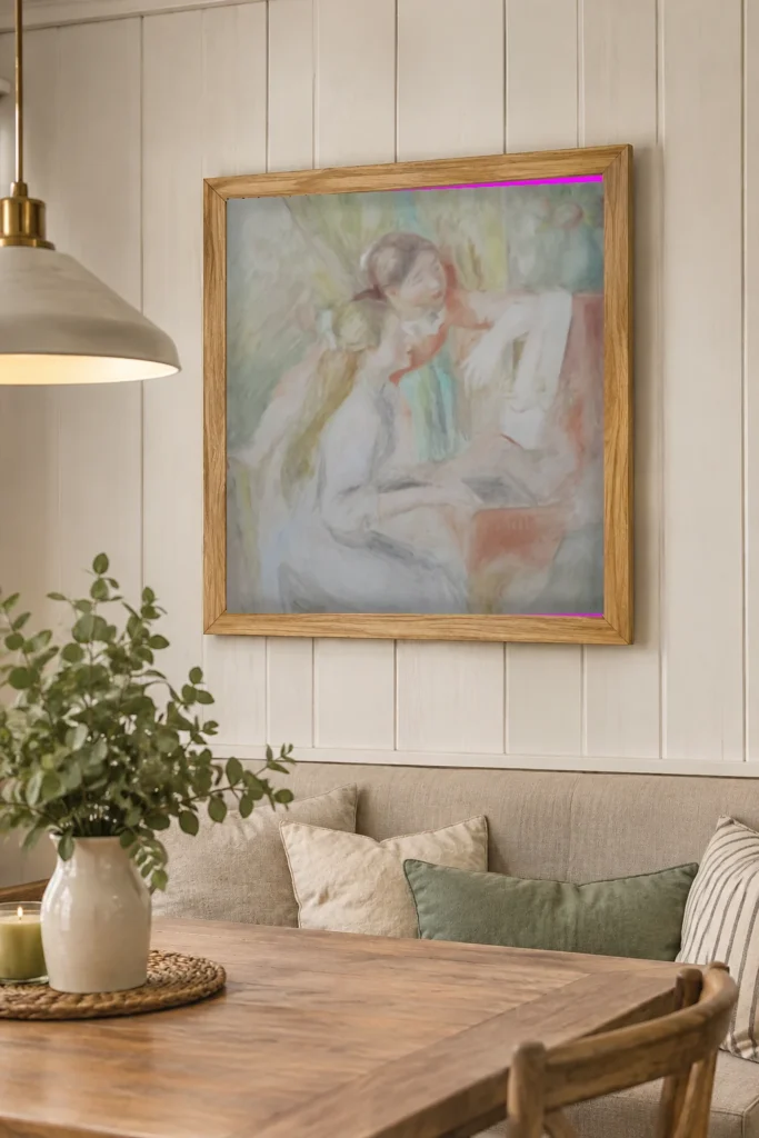Framed print of Young Girls at the Piano hanging on a wall in a furnished room