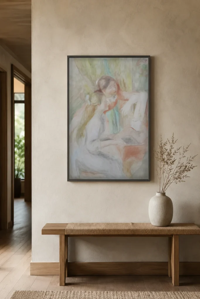 Framed print of Young Girls at the Piano hanging on a wall in a furnished room