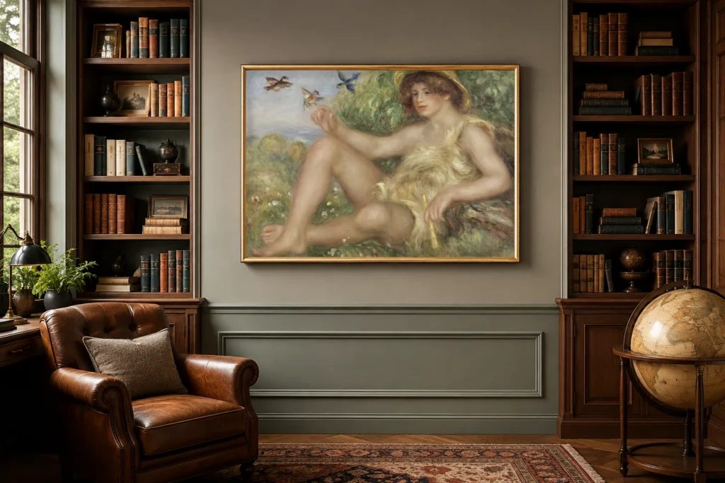 Framed print of Young Shepherd in Repose (Portrait of Alexander Thurneyssen) hanging on a wall in a furnished room