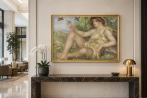 Framed print of Young Shepherd in Repose (Portrait of Alexander Thurneyssen) hanging on a wall in a furnished room