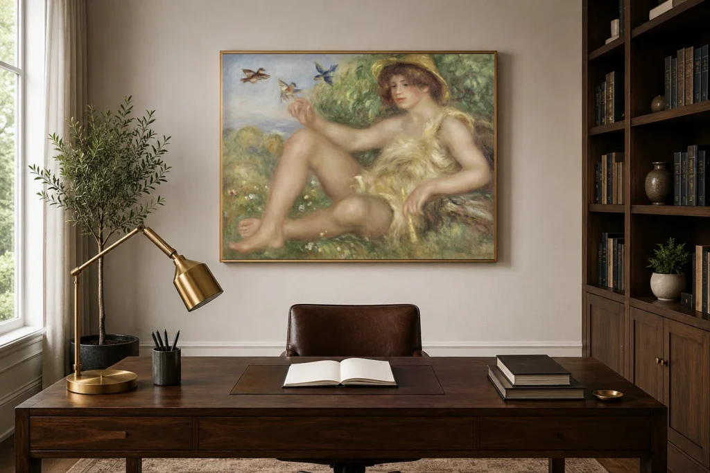 Framed print of Young Shepherd in Repose (Portrait of Alexander Thurneyssen) hanging on a wall in a furnished room