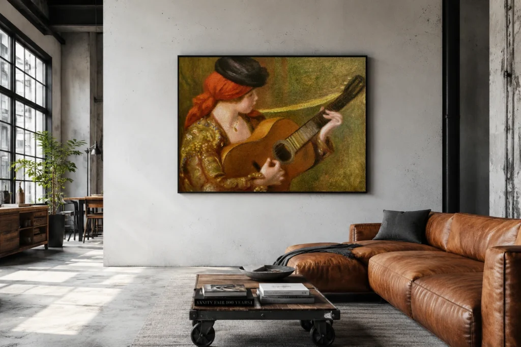 Framed print of Young Spanish Woman with a Guitar hanging on a wall in a furnished room