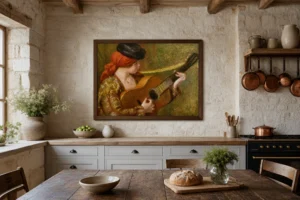 Framed print of Young Spanish Woman with a Guitar hanging on a wall in a furnished room