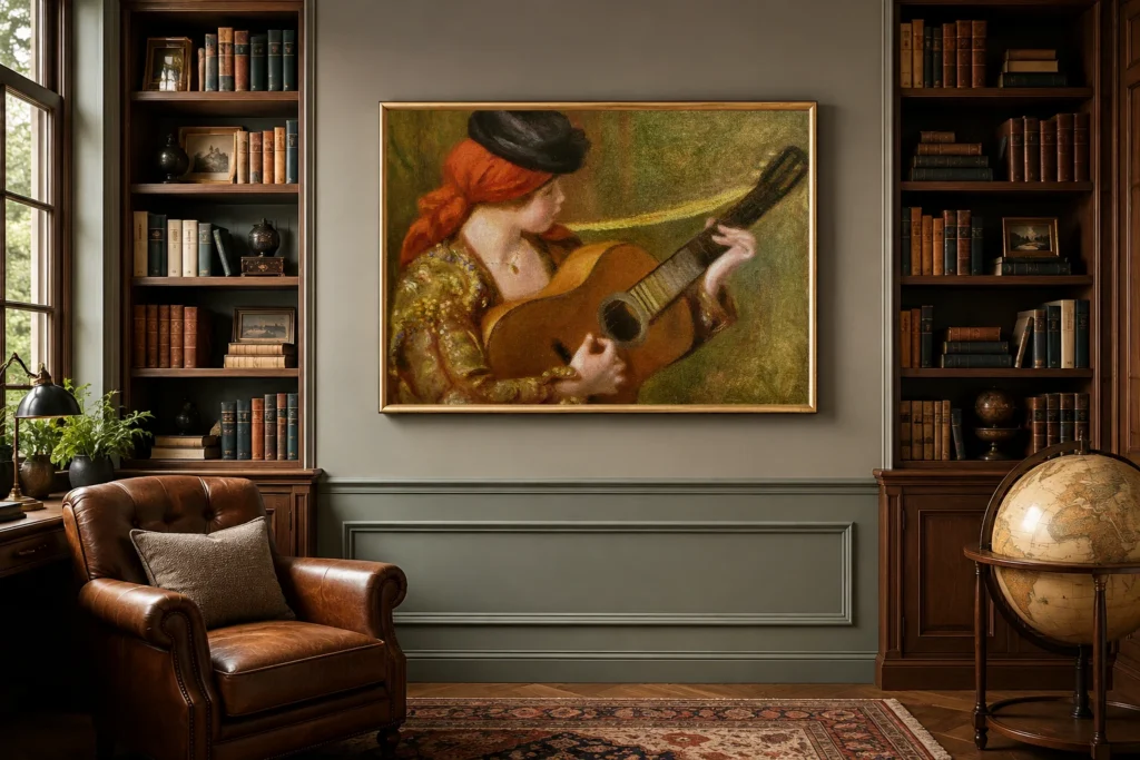 Framed print of Young Spanish Woman with a Guitar hanging on a wall in a furnished room