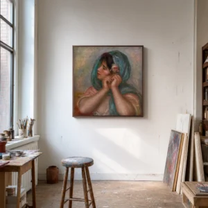Framed print of Young Woman Arranging Her Earring hanging on a wall in a furnished room