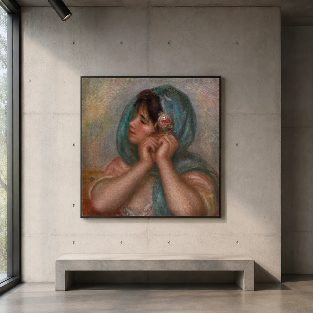Framed print of Young Woman Arranging Her Earring hanging on a wall in a furnished room
