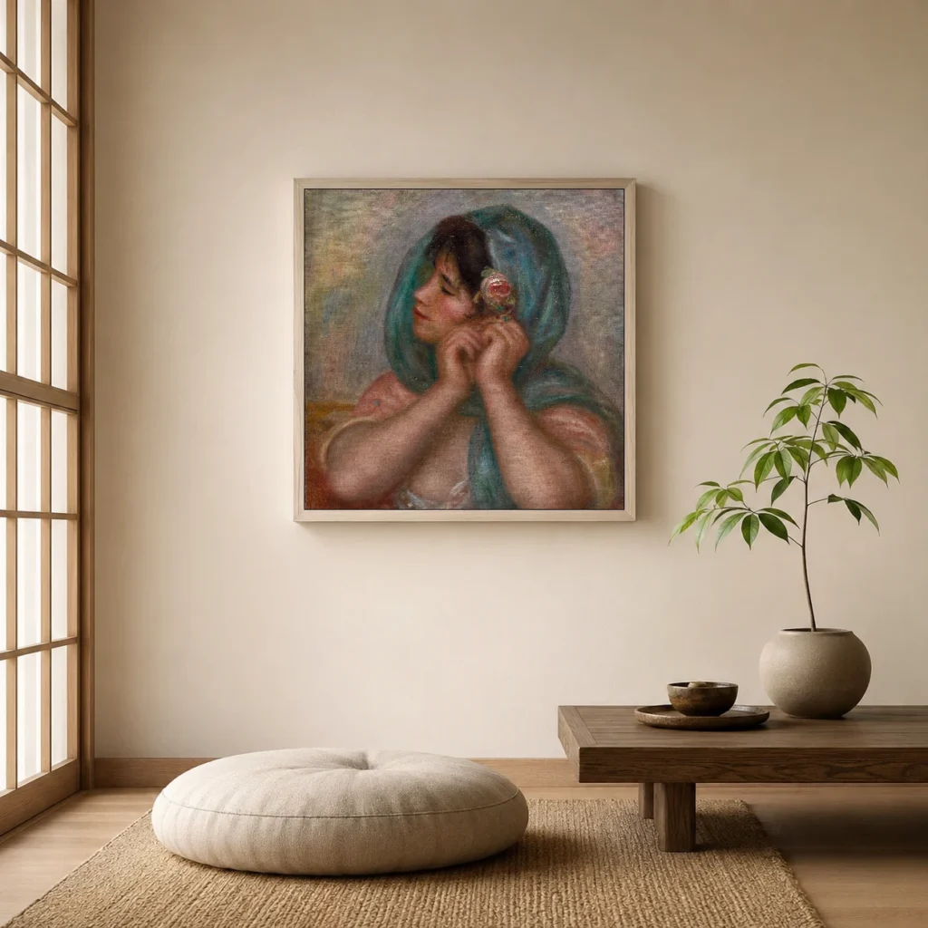 Framed print of Young Woman Arranging Her Earring hanging on a wall in a furnished room