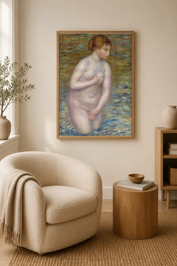 Framed print of Young Woman Bathing hanging on a wall in a furnished room