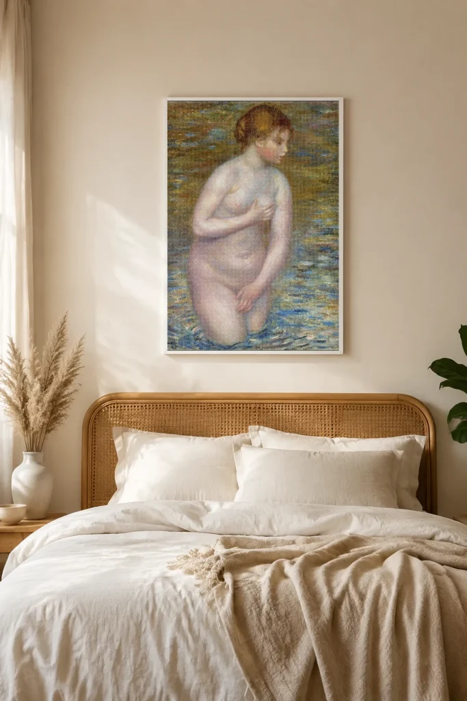 Framed print of Young Woman Bathing hanging on a wall in a furnished room