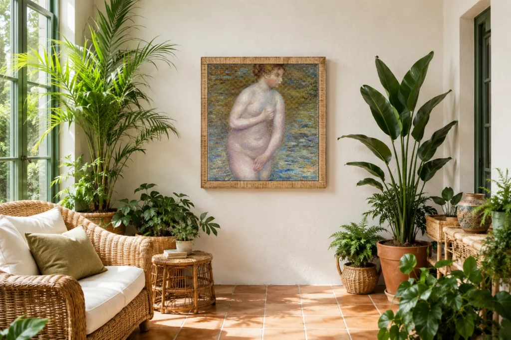 Framed print of Young Woman Bathing hanging on a wall in a furnished room