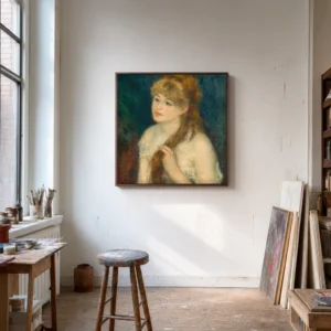 Framed print of Young Woman Braiding Her Hair hanging on a wall in a furnished room