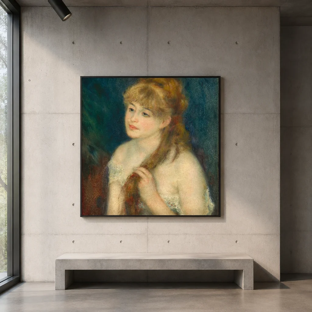 Framed print of Young Woman Braiding Her Hair hanging on a wall in a furnished room