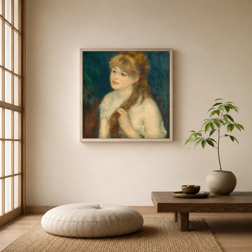Framed print of Young Woman Braiding Her Hair hanging on a wall in a furnished room