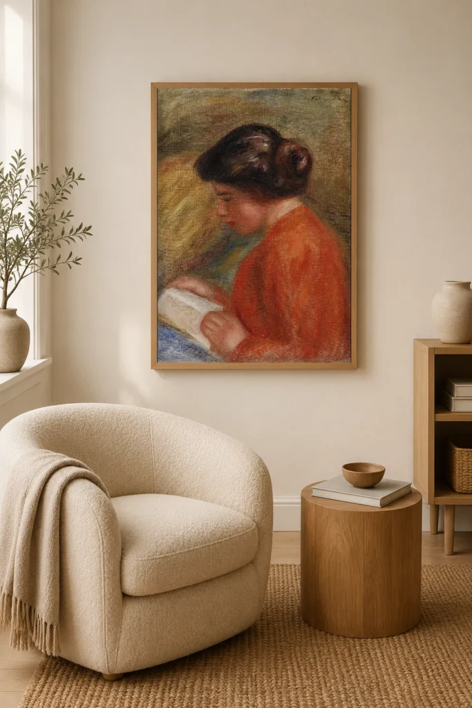 Framed print of Young Woman Reading (Jeune femme lisant, buste) hanging on a wall in a furnished room