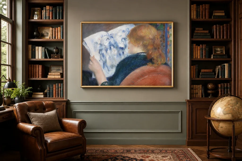 Framed print of Young Woman Reading an Illustrated Journal hanging on a wall in a furnished room