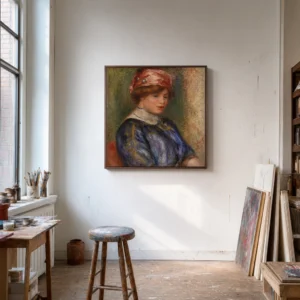 Framed print of Young Woman in Blue, Bust (Jeune femme en corsage bleu, buste) hanging on a wall in a furnished room