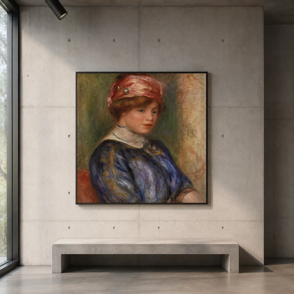 Framed print of Young Woman in Blue, Bust (Jeune femme en corsage bleu, buste) hanging on a wall in a furnished room