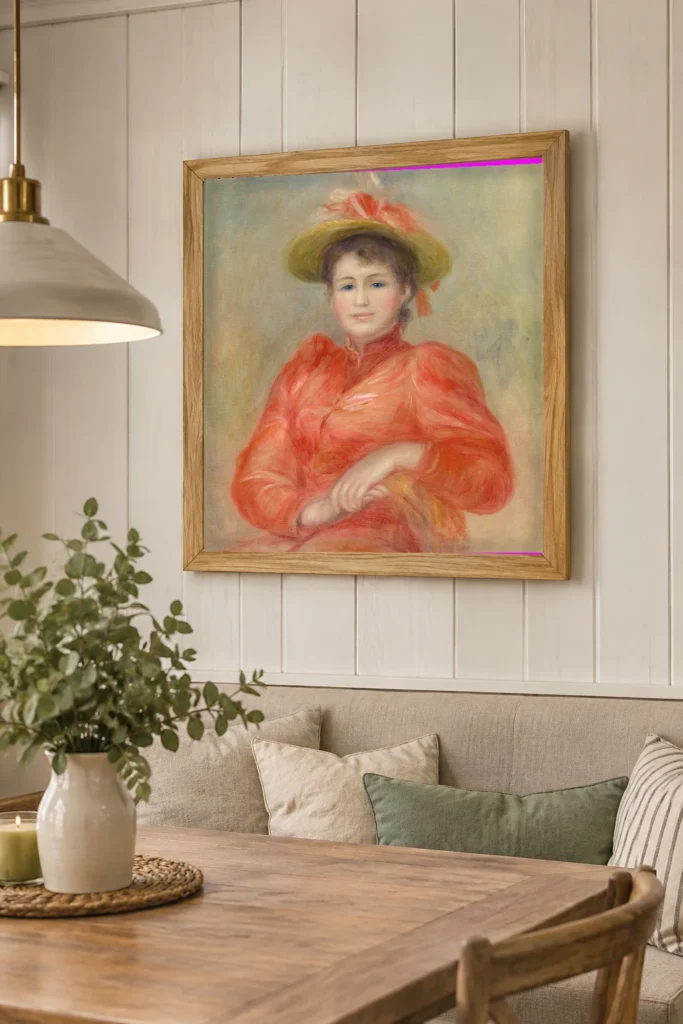 Framed print of Young Woman in Red Dress hanging on a wall in a furnished room