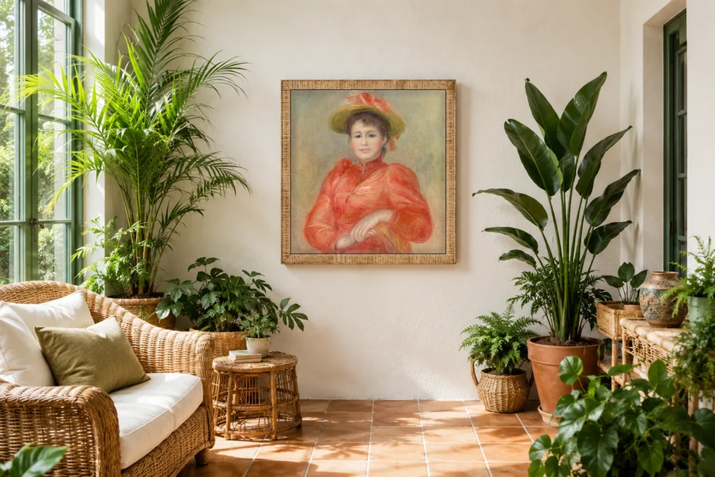 Framed print of Young Woman in Red Dress hanging on a wall in a furnished room