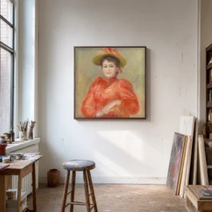 Framed print of Young Woman in Red Dress hanging on a wall in a furnished room
