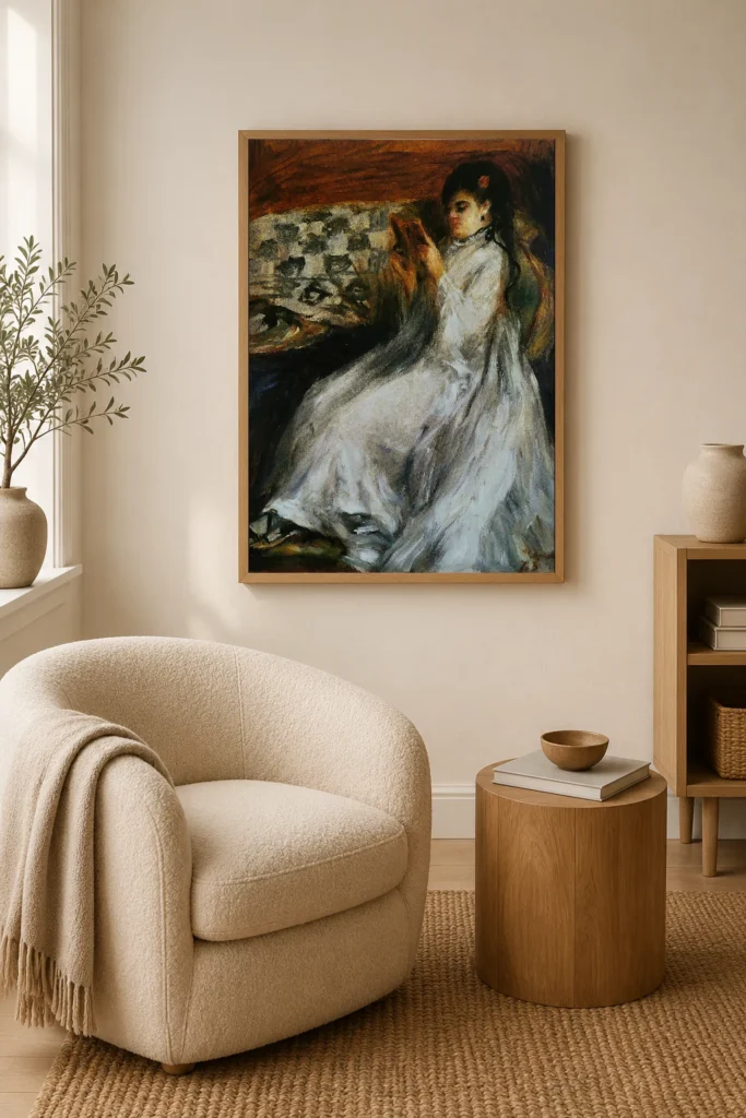 Framed print of Young Woman in White Reading hanging on a wall in a furnished room