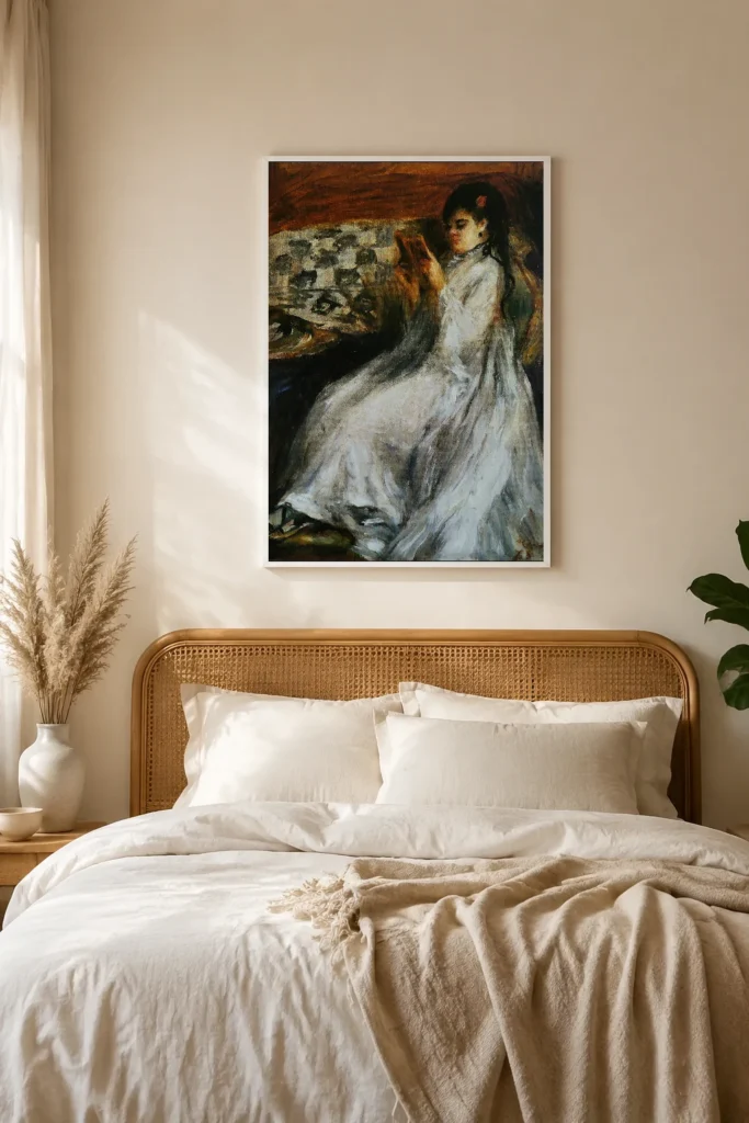 Framed print of Young Woman in White Reading hanging on a wall in a furnished room