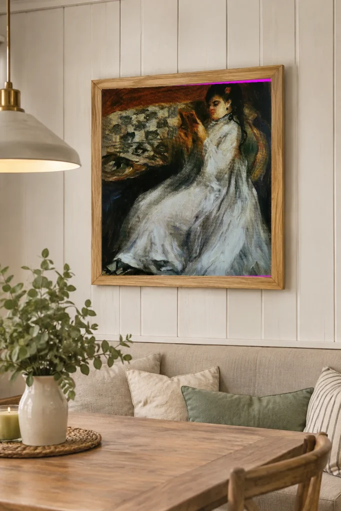 Framed print of Young Woman in White Reading hanging on a wall in a furnished room