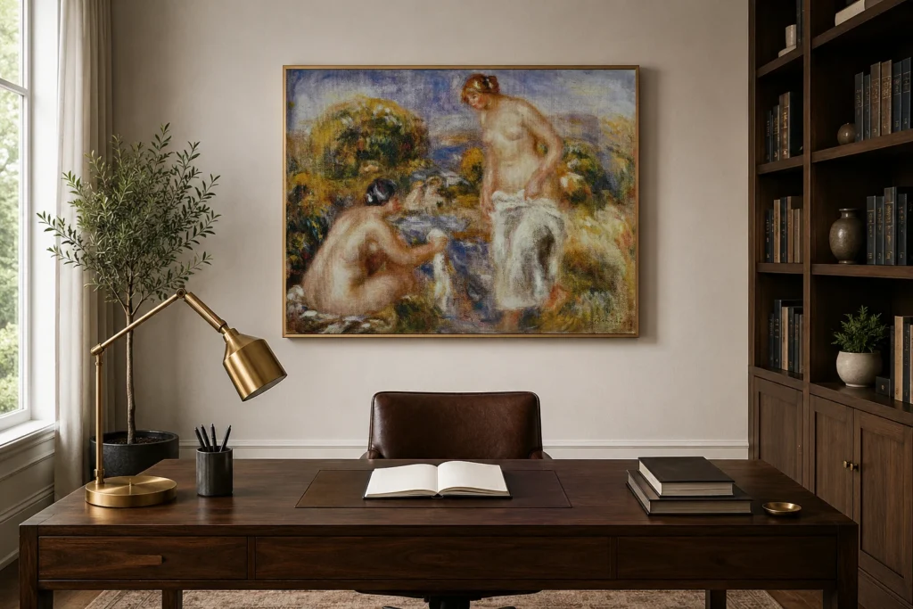 Framed print of Bathing Women hanging on a wall in a furnished room