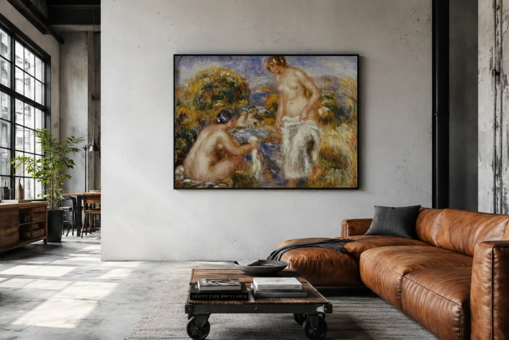 Framed print of Bathing Women hanging on a wall in a furnished room